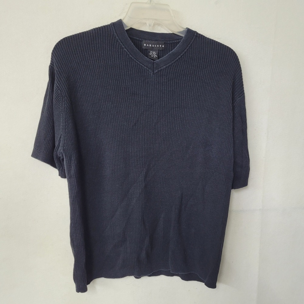 BARACUTA‎ Mens V Neck Short Sleeve Ribbed Knit Sweater Shirt XL Black
